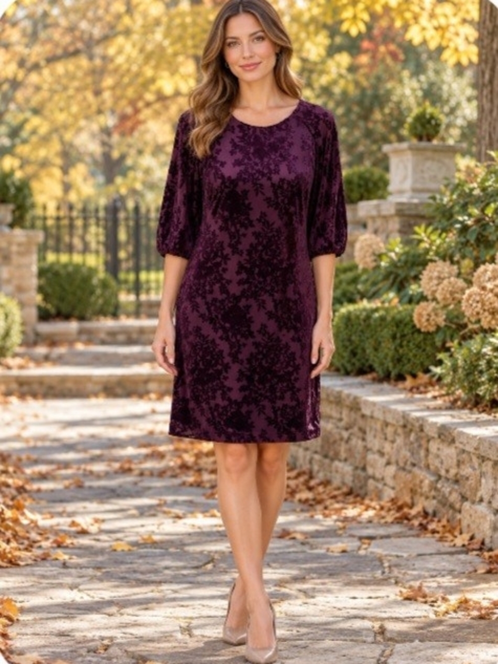 Tommy Hilfiger Burgundy Floral Elbow Length Sleeve Velvet Burnout Sheath Dress